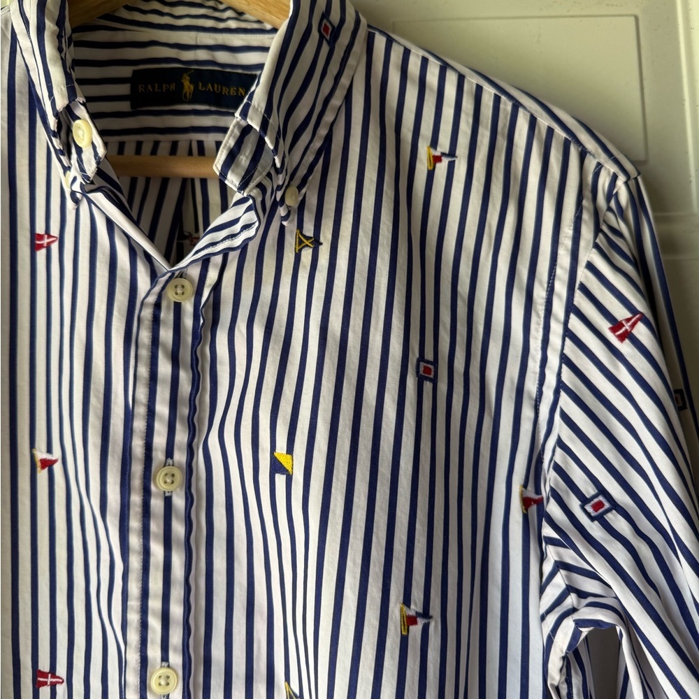 Ralph Lauren Men's Nautical Blue and White Striped Embroidered Poplin Shirt